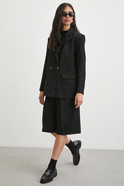 Never more Double Button Pocket Flap Blazer Jacket Black