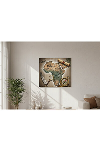 hollywest Eski Dünya Haritası Temalı Kanvas Tablo: Afrika Haritası,Pusula Desenli, Macera,Seyahat Tutkunlarına