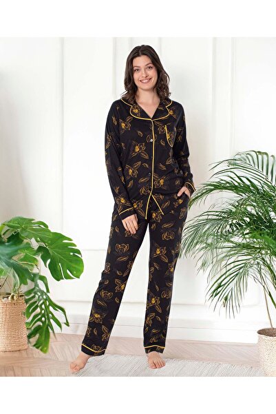 Aydoğan Women's Pajama Set Black Leaf Patterned Atlas Front Buttoned Long Sleeve