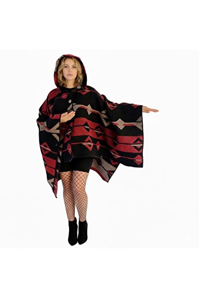 Exve Exclusive Red Beige Black Ethnic Patterned Woolen Warm Hooded Unisex Camper Poncho Winter Shawl