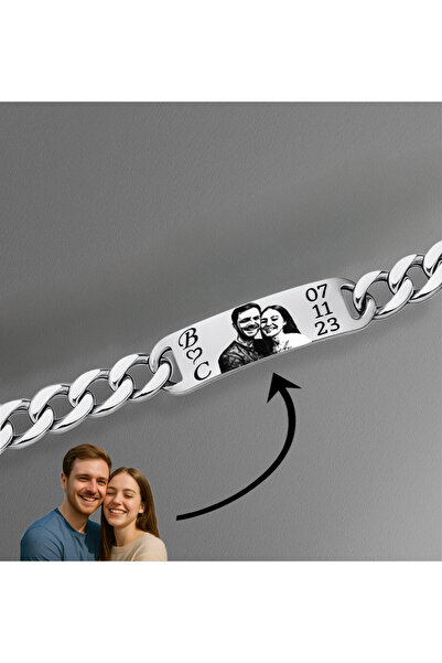 Vamoria Kişiye Özel Resimli Harfli Tarihli Lazer Fotoğraf Baskılı Çelik Çift Bilekliği