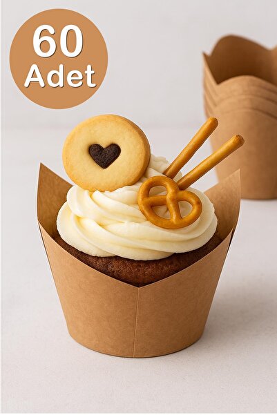 Kitchen Beauty 60'lı Kraft Muffin Cupcake Kalıbı Lale Şekilli Kek Kapsülü Naturel Kek Kalıbı,Airfryer Uyumlu