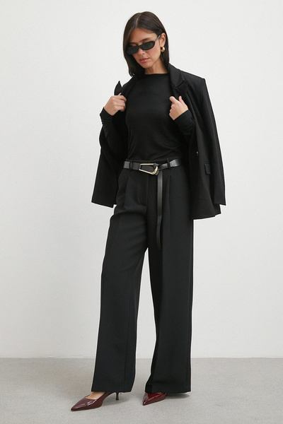 Never more Leather Belted Wide Leg Trousers Black