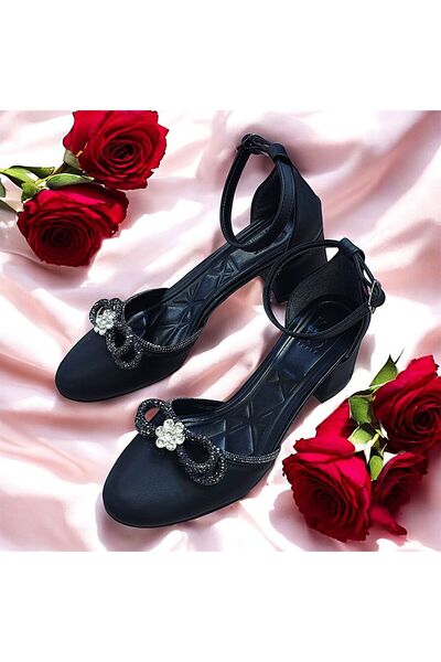 KAFKASLAR AYAKKABI Short 5 cm Thick Heel Closed Front Ankle-Strapped Stone Shoes