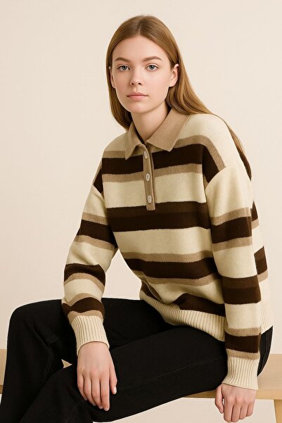 Sfg Life Moda Striped Buttoned Polo Neck Women's Knitwear Sweater