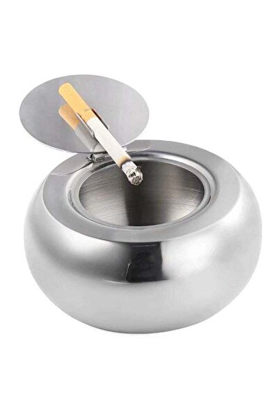 Generic CYTHERIA Stainless Steel Modern Tabletop Ashtray With Lid Silver 5x5x2.5inch