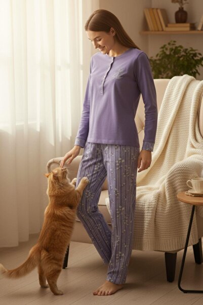 PİJAPİA %100 Pamuk Mor Çizgili Pijama Takımı Uzun Kol Konforlu Ev Giyim