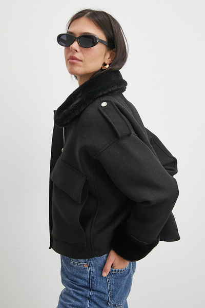 Never more Apoletli Woolen Bellows Pocket Cashmere Coat Black