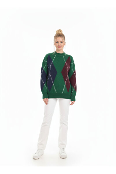 ribana Crew Neck Diamond Pattern Soft Thick Sweater