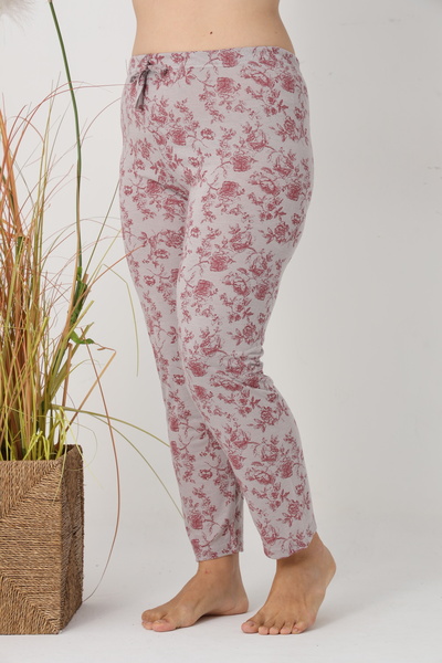 Serena Women's Big Size Pajama Pants, Gray with Cherry Blossoms, 85% Viscose, 15% Polyester