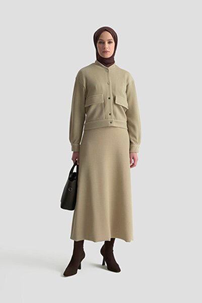 Armine TREND Corded Fabric Jacket with Glitter Snap Fastener Skirt Two-Piece Set Beige 25Kt644