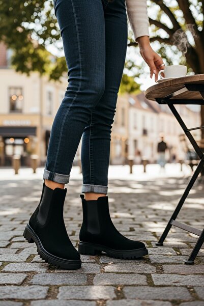 VeliKundura حذاء نسائي أنيق من جلد النوبوك الأسود مع نعل مطاطي مرن