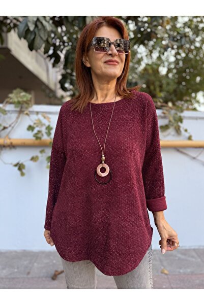 DenizEge Silvery Necklace Sweater Burgundy