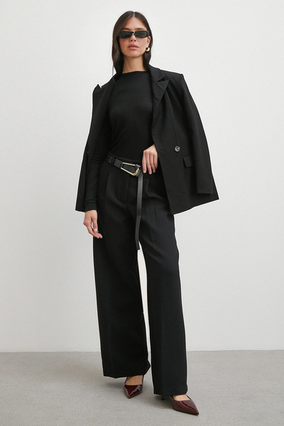 Never more Leather Belted Wide Leg Trousers Black