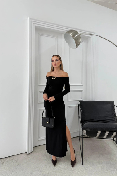 Sorridi Rochie maxi cu decolteu tip Madonna, cu șliț și accesorii Sandy Gold