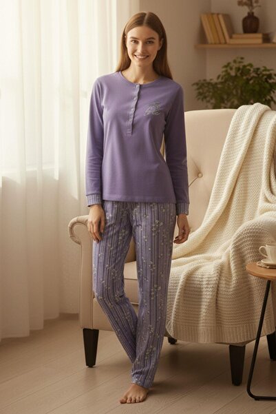 PİJAPİA %100 Pamuk Mor Çizgili Pijama Takımı Uzun Kol Konforlu Ev Giyim