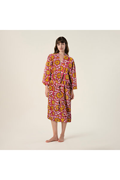 Zsa Zsa Zsu Bundı El Baskısı %100 Pamuk Large-Xlarge Beden Sabahlık Fuşya