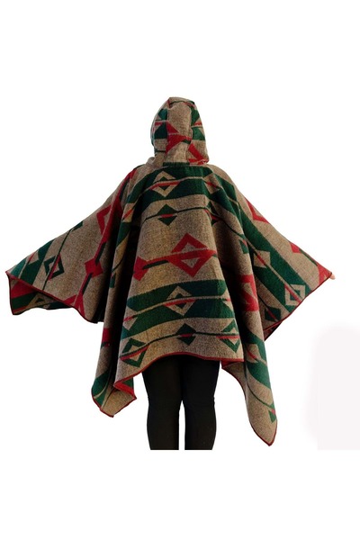 Exve Exclusive Green Beige Red Ethnic Patterned Woolen Warm Hooded Unisex Camper Poncho Winter Shawl