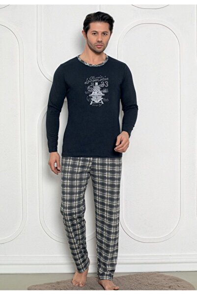 Serena Men's Pajamas, Long Sleeves and Matching Long Pants, Locomotive Print, Black