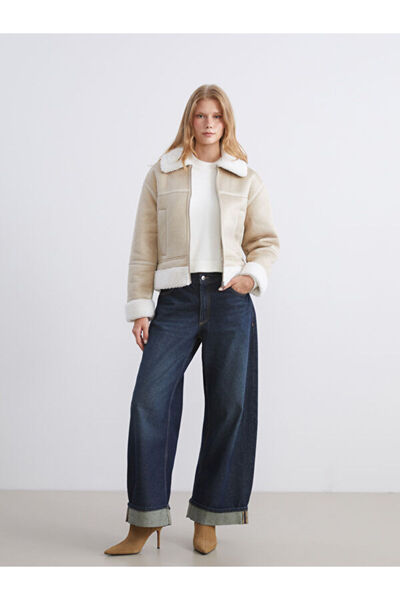 LC Waikiki Fur Collar Women's Suede Look Coat