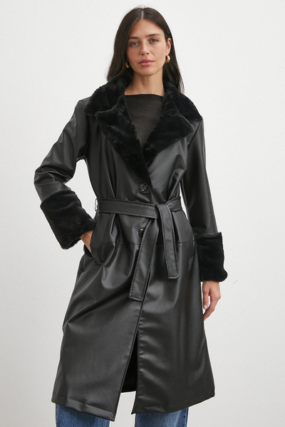 Never more Fur Belted Leather Coat Black