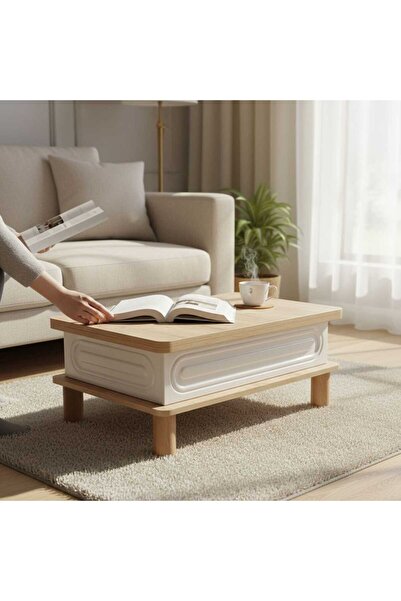 ModernEvveOfis Modern Sihirli Sehpa – Açılır Mekanizmalı Orta Sehpa 90–120x60 Orta Gövde Çubuklu Beyaz Membran Meşe