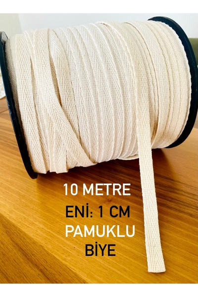 seyranat 10 Metre Eni 1 Cm Ekru Renk %100 Pamuk Dar Dokuma-Dikiş Kapatıcı-Çok Amaçlı Şerit- Balıksırtı Biye