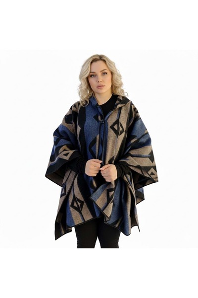 Exve Exclusive Blue Beige Black Ethnic Design Patterned Woolen Warm Hooded Unisex Camper Poncho Winter Shawl