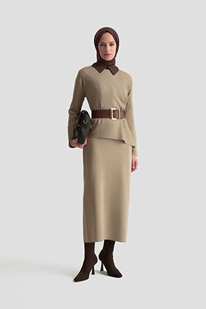 Armine TREND Asymmetric Cut Line Detailed Skirted Knitwear Double Suit Milk Coffee 25Ytd6119