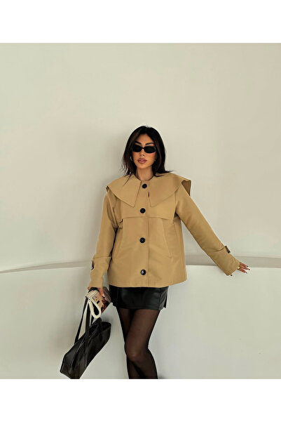 tummabutik Yakası Pelerli Kısa Trenç