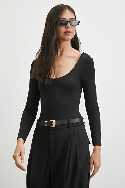 Never more U Neck Long Sleeve Snap Bodysuit Black