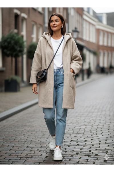 Miss BuBu Collection Kadın Kapüşonlu Fermuarlı Uzun Buklet Kaban