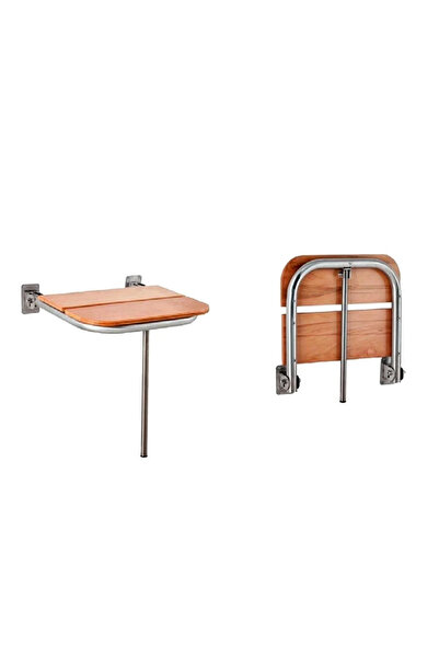 MegaVitrin Tema Katlanır Engelli Duş Oturağı | Ahşap Oturaklı Paslanmaz Çelik Banyo Taburesi