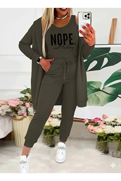 Butik Women's Strappy Round Neck Lettered Viscose Two Thread Blouse Jacket and Pants 3-Piece Set