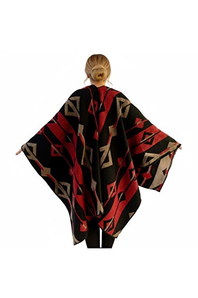Exve Exclusive Red Beige Black Ethnic Design Patterned Anti-Pilling Wool Warm Unisex Camper Poncho Winter Shawl