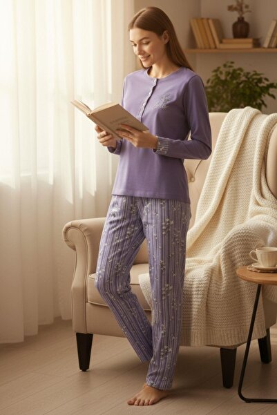 PİJAPİA %100 Pamuk Mor Çizgili Pijama Takımı Uzun Kol Konforlu Ev Giyim