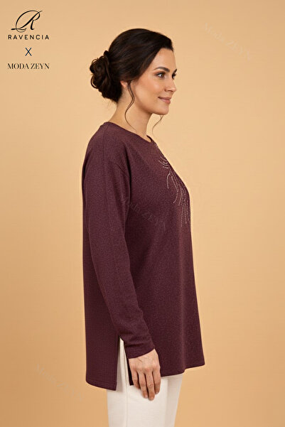 Ravencia Women's Drop Patterned Stoned Stretch Fabric Slit Wool Mother Combed Cotton Blouse