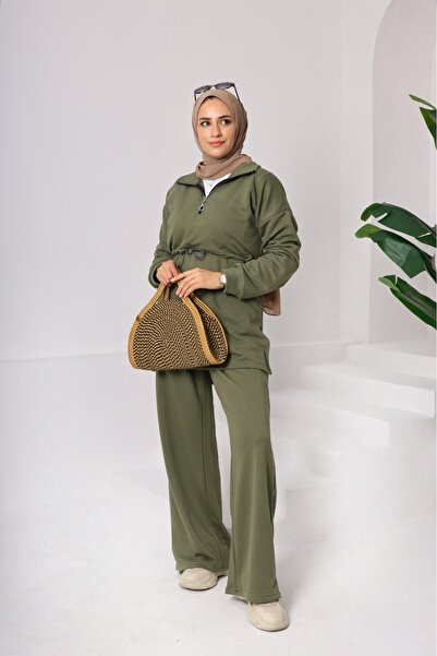 onlymoon Women's Khaki Hijab Set ♦   Zippered Waist Tunic with Tie ♦   Wide Leg Pants ♦   Two Yarns Knitted
