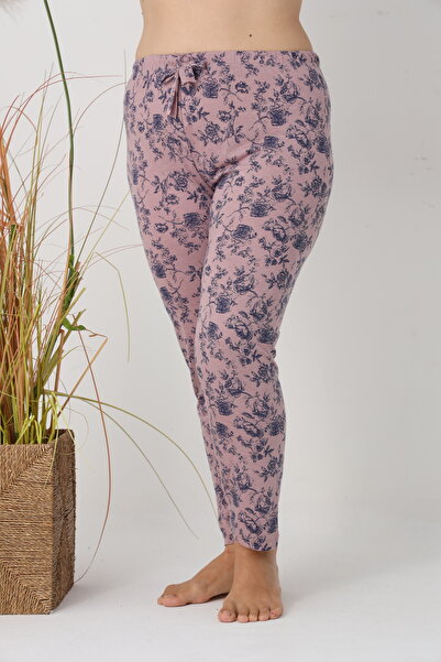 Serena Women's Big Size Pajama Pants, Pink with Blue Flowers, 85% Viscose, 15% Polyester