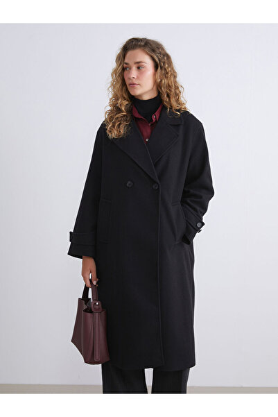 LC Waikiki Black Double Breasted Collar Women's Stamp Coat