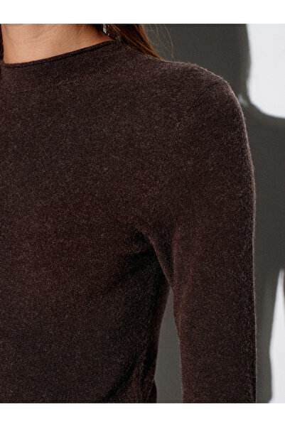 Dilvin 10841 Mock Neck Cashmere Ultra Light Knitwear Sweater-Brown M.