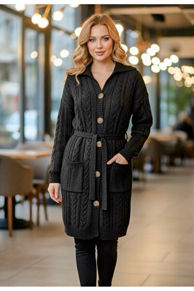 rushana Cardigan tricotat cu textura moale pentru femei, lungime 80 cm, model împletit, guler lat de cămașă, cu nasturi, cu curea și buzunare