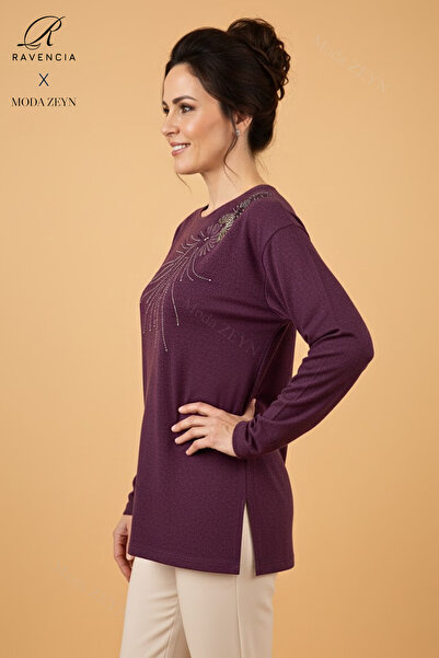 Ravencia Women's Drop Patterned Stoned Stretch Fabric Slit Wool Mother Combed Cotton Blouse