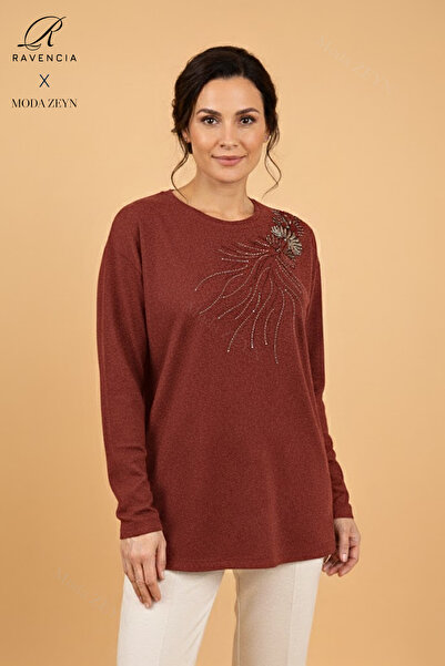 Ravencia Women's Drop Patterned Stoned Stretch Fabric Slit Wool Mother Combed Cotton Blouse