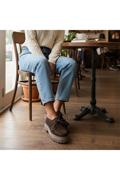 NE&VE SHOES Brown Suede Genuine Leather Lace-Up Thick Patterned Sole Women's ...