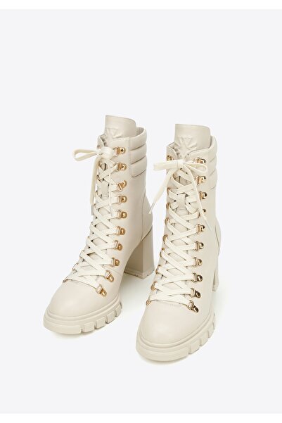 Wittchen Women's Leather Ankle Boots with Quilted Insert on the Heel, Cream, Cream, Leather