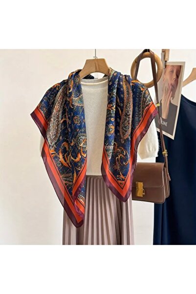 Accessories Hei Navy Blue Patterned Stylish Silk-Look Women's Accessory Scarf Foulard