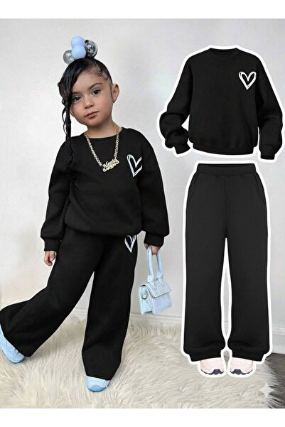 MORNİNG KİDS Girl's Minimal Heart Printed Crew Neck Sweatshirt-Loose Fit Blac...