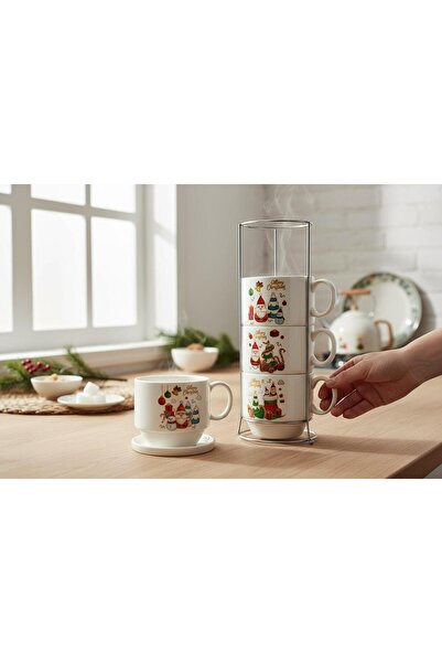 BaoBao Set of 4 Ceramic Christmas Mugs with Metal Stand – Santa Claus & Tree Design, 90 ml each