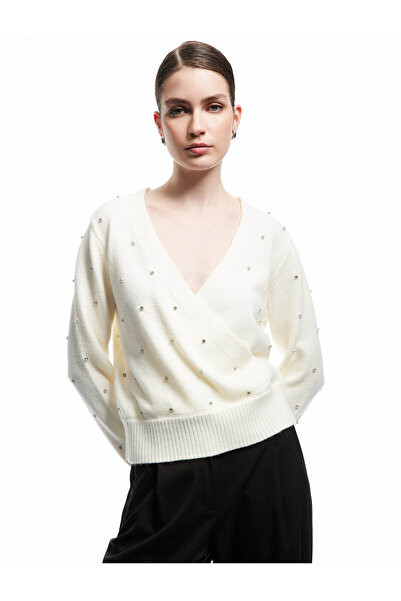 Koton Long Sleeve Double Breasted V-Neck Rhinestone Knit Sweater